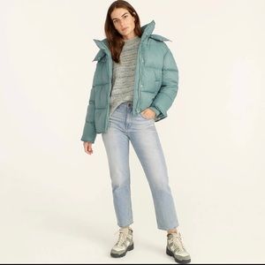 J Crew Hooded Flurry Puffer Jacket w/ PrimaLoft in Antique Mineral